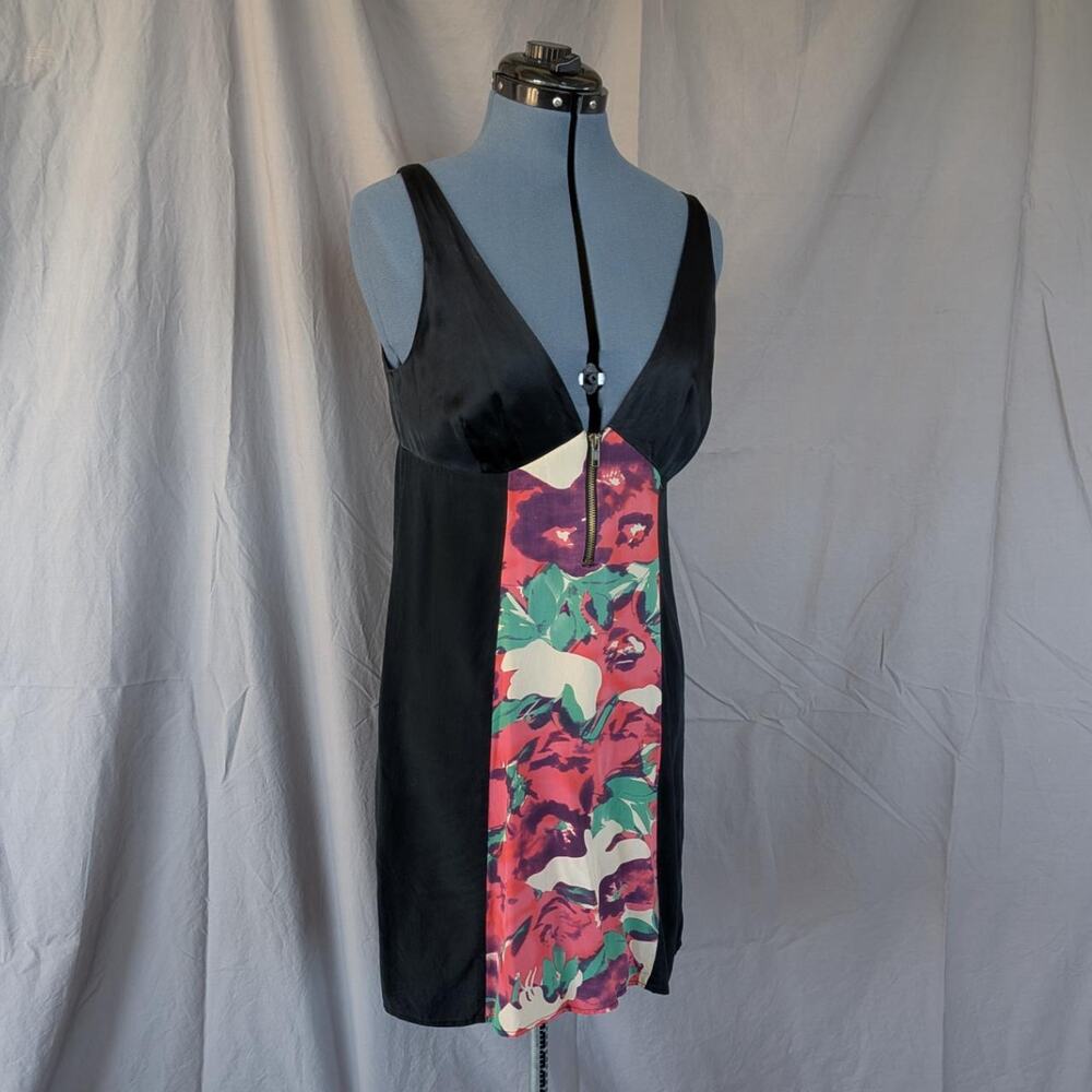 Black 100% silk color‑block floral slip dress, size S